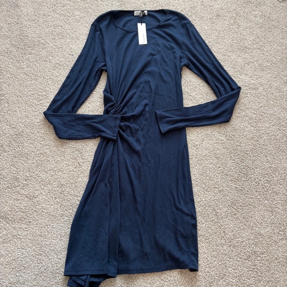 Michael Stars NWT Marina Ruched‎ Long Sleeve Mini Dress Womens L Blue Ribbed